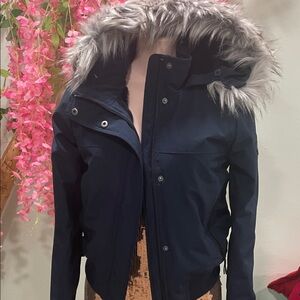 Hollister Navy Bomber Jacket with Faux Fur Hood